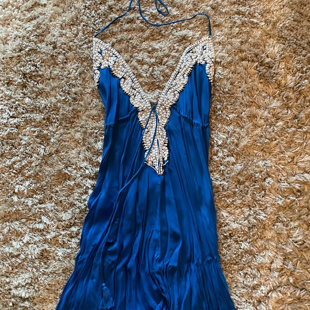 Blue Halter Rhinestone Drawstring Maxi Dress - image 2